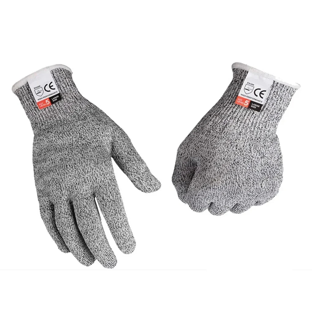 Pair of gray cut-resistant gloves with CE and safety certification labels on a white background.