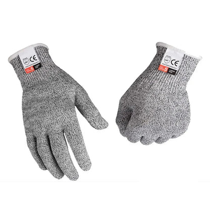 Pair of gray cut-resistant gloves with CE and safety certification labels on a white background.