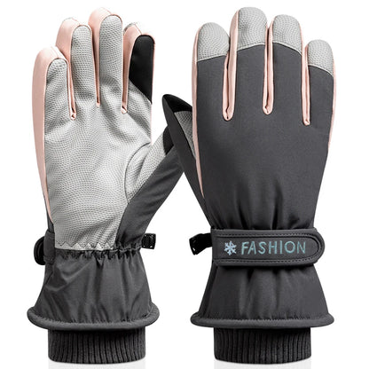Pair of gray gloves with pink accents on a white background