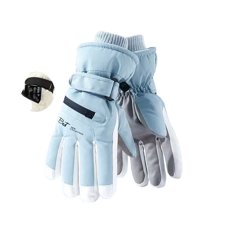 Pair of light blue gloves with gray accents on a white background