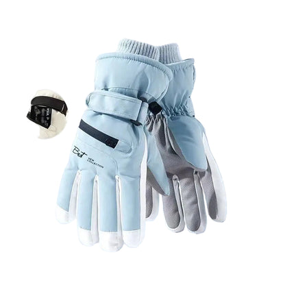 Pair of light blue gloves with gray accents on a white background