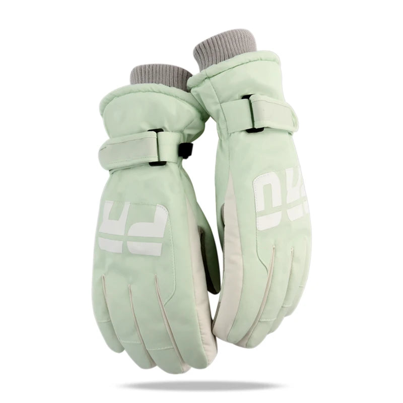 Pair of light green gloves with gray cuffs on a white background