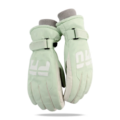 Pair of light green gloves with gray cuffs on a white background