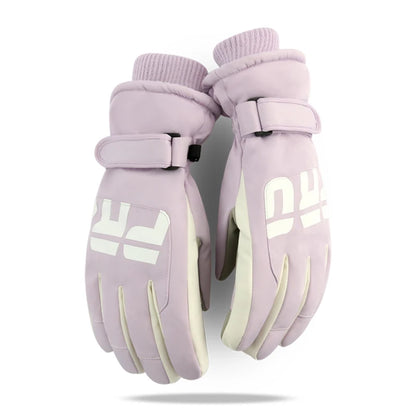 Pair of light purple gloves with white logo on a white background
