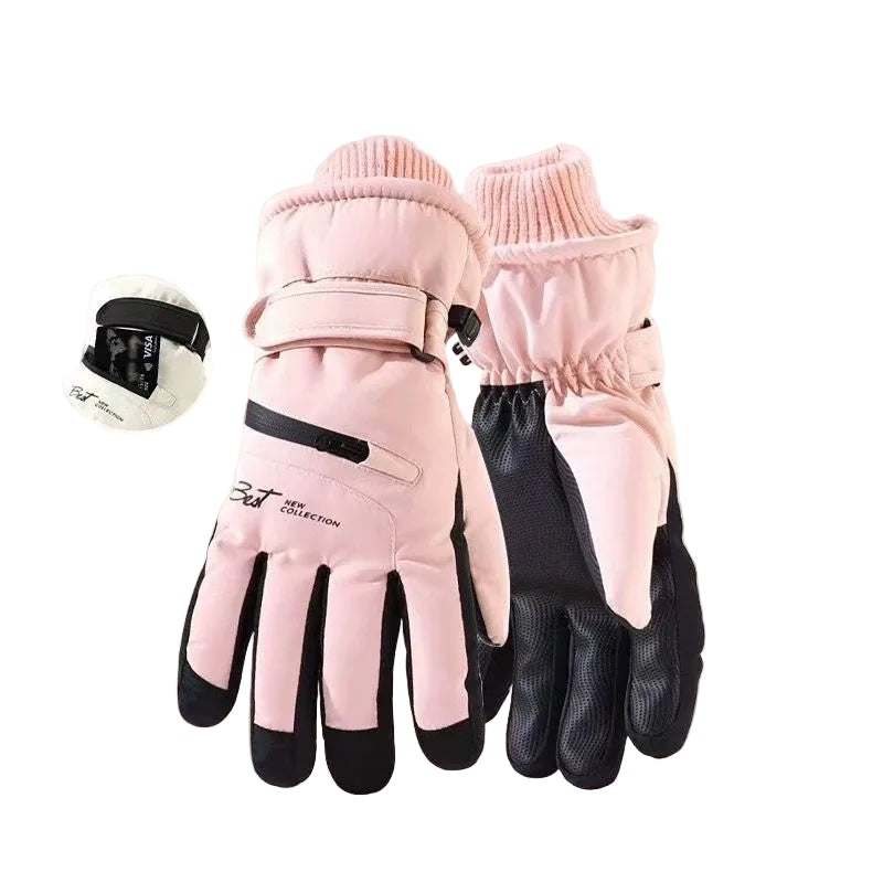 Pair of pink gloves with black accents on a white background