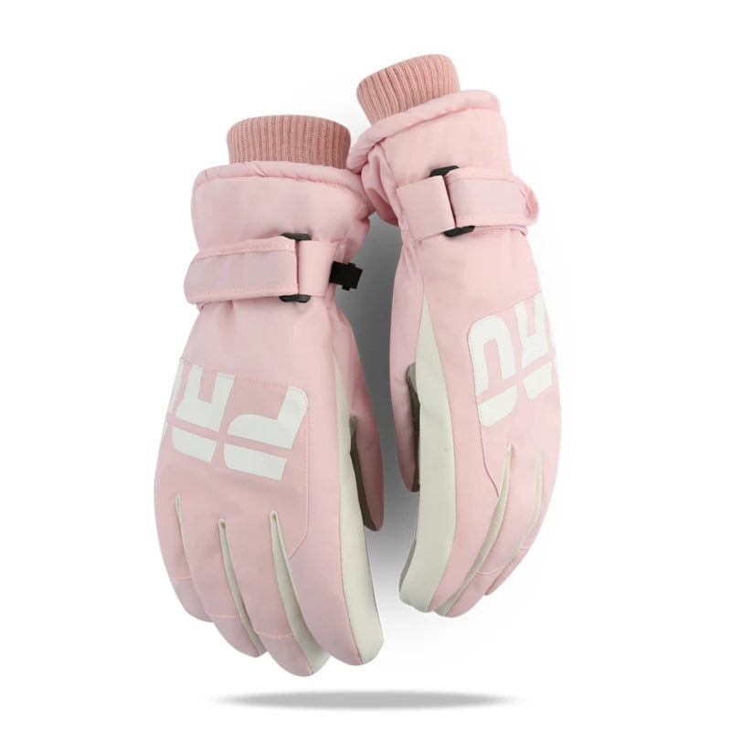 Pair of pink gloves with white logo on a white background