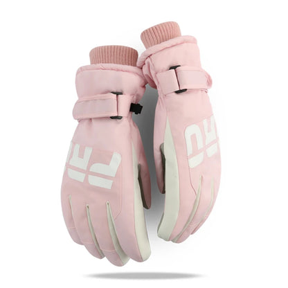Pair of pink gloves with white logo on a white background
