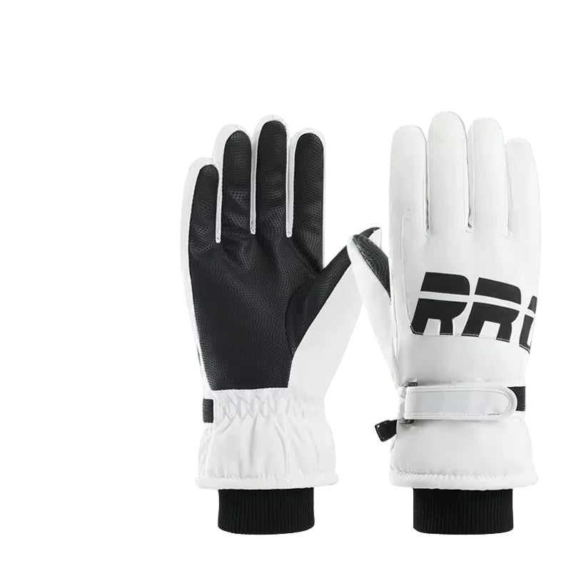Pair of white and black gloves with text indicating warmth and windproofness on a white background.