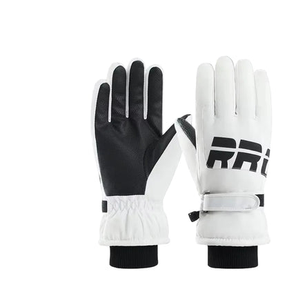 Pair of white and black gloves with text indicating warmth and windproofness on a white background.