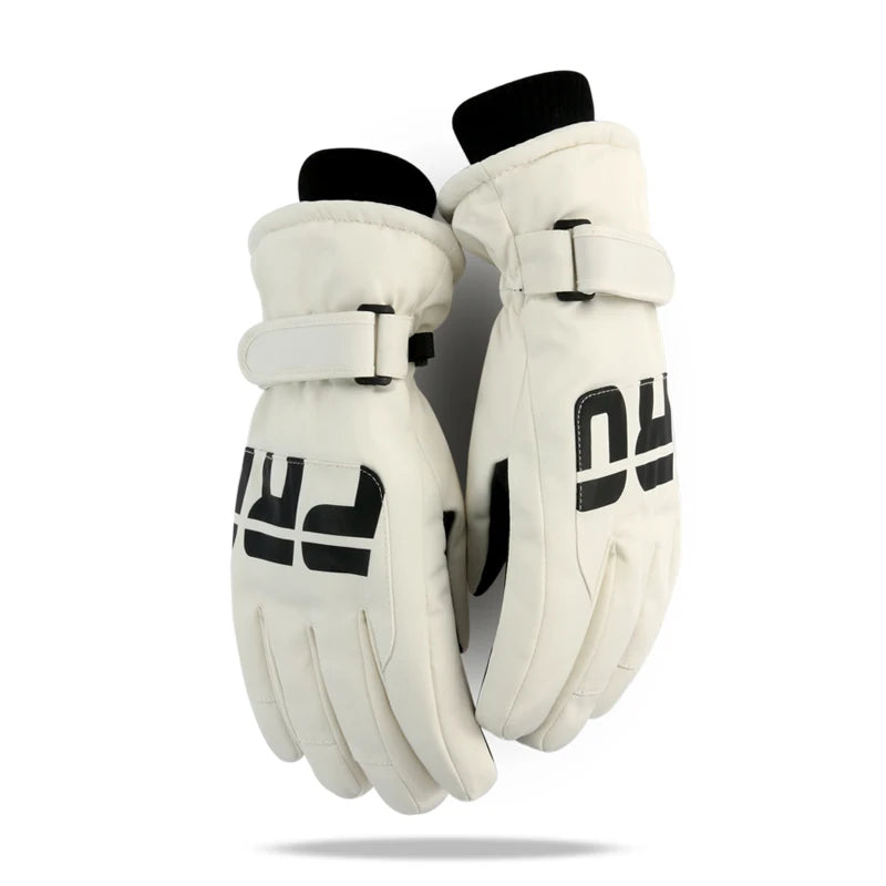 Pair of white gloves with black logos on a white background