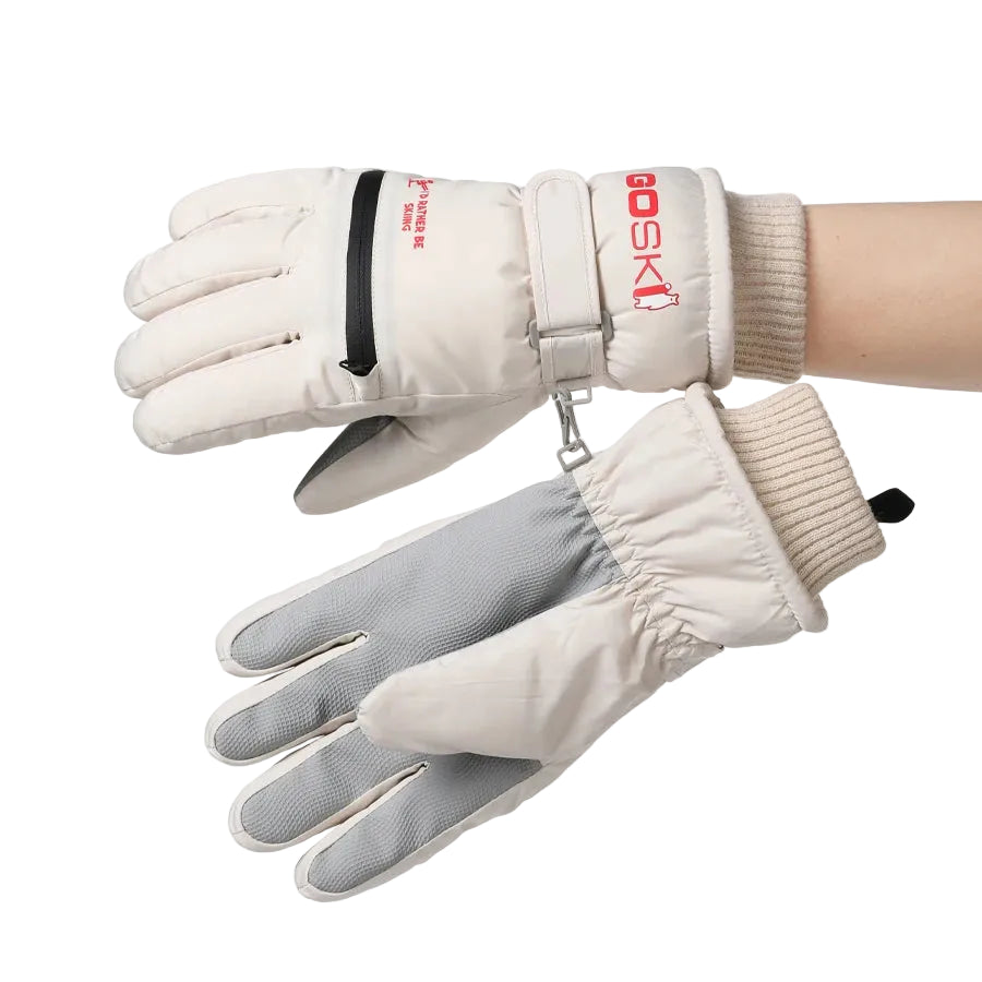 Pair of white ski gloves with gray accents on a white background