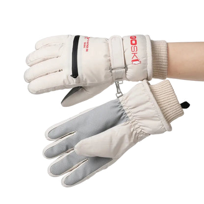 Pair of white ski gloves with gray accents on a white background