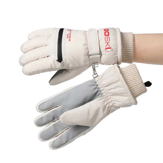 Pair of white ski gloves with gray accents on a white background