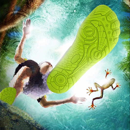 Person diving into water with a close-up of a green shoe sole and frog illustration.