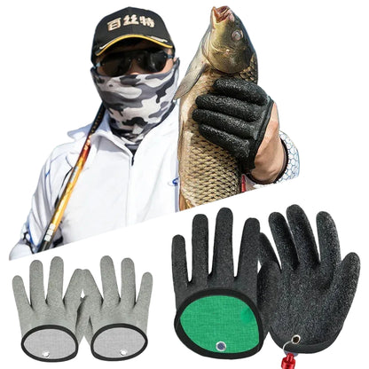 Person holding a fish wearing anti-scratch multifunctional gloves with inset images of the gloves.