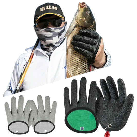 Person holding a fish wearing anti-scratch multifunctional gloves with inset images of the gloves.