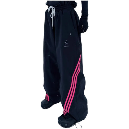 Person wearing black pants with pink stripes in a snowy landscape