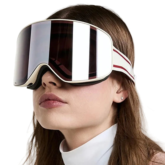 Person wearing futuristic goggles with a white background