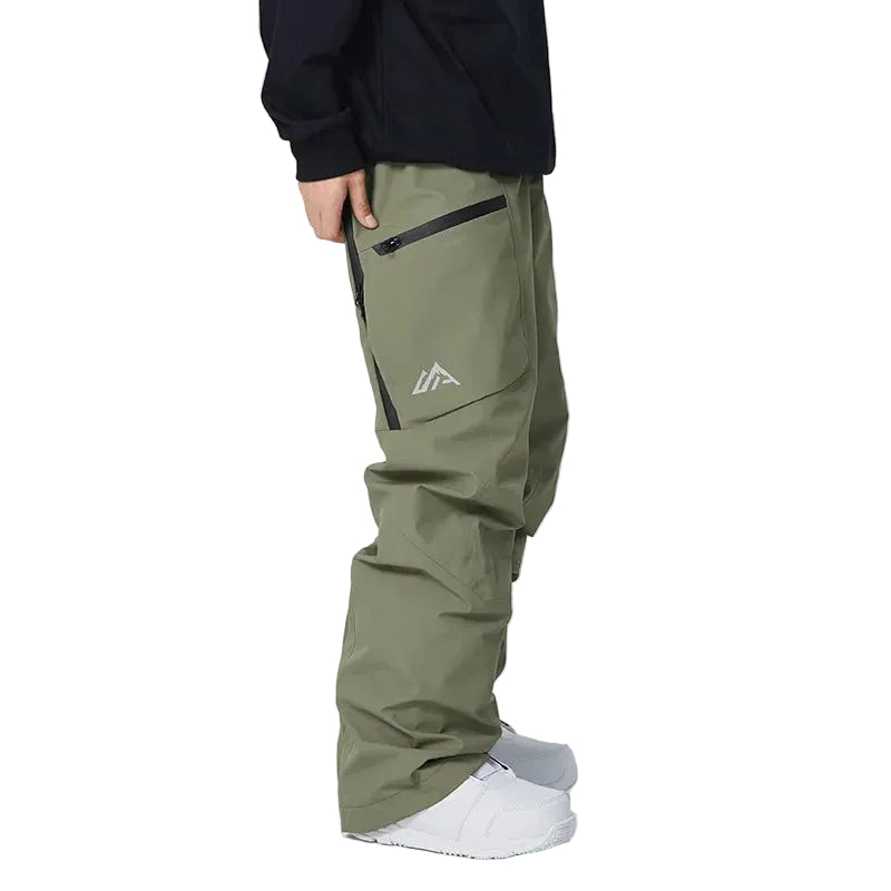 Person wearing green pants with a logo on a white background
