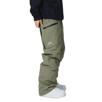 Person wearing green pants with a logo on a white background
