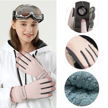 Person wearing pink gloves with black accents, surrounded by close-up details on a white background