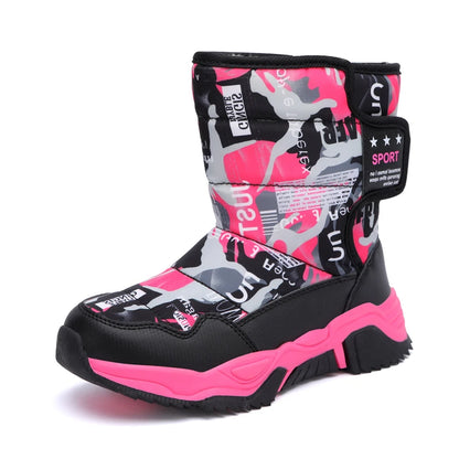 Pink and black camouflage-patterned boot on a white background