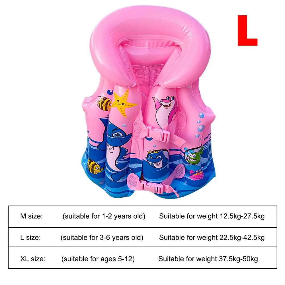 Pink and blue inflatable life jacket with cartoon characters on a white background