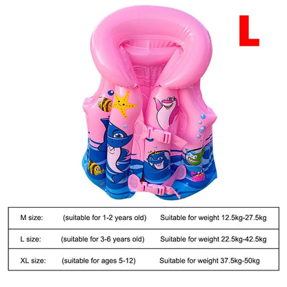 Pink and blue inflatable life jacket with cartoon characters on a white background