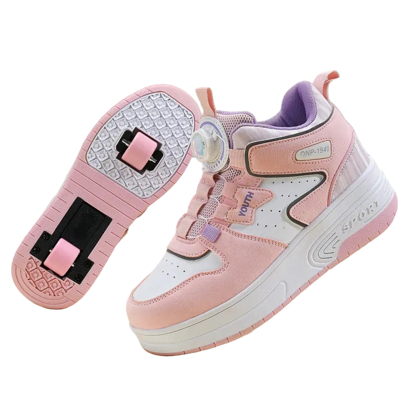 Pink and white sneakers with visible wheels on a whit background
