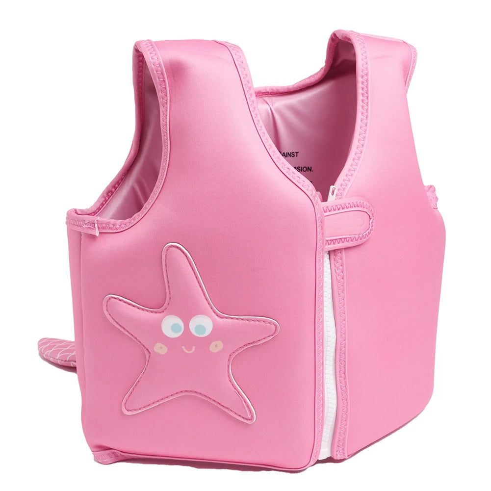 Pink children's life jacket with a starfish design on a white background