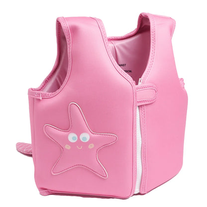 Pink children's life jacket with a starfish design on a white background