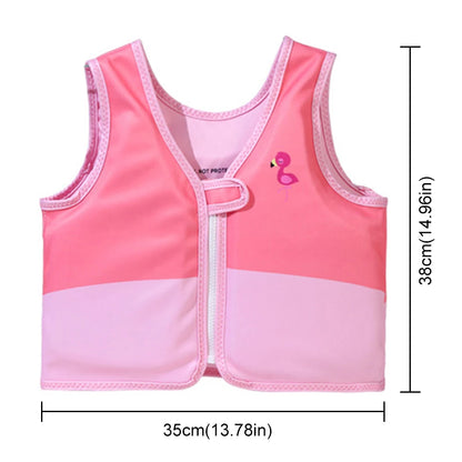 Pink children's life jacket with flamingo design and measurements on a white background