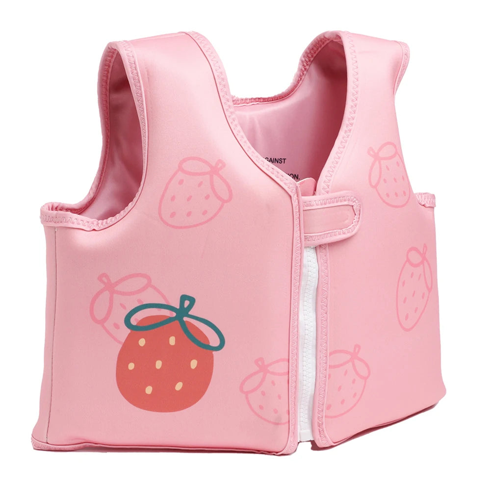 Pink children's life jacket with strawberry pattern on a white background