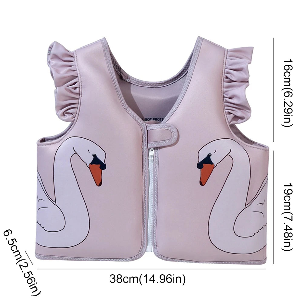 Pink children's life jacket with swan design and measurements on a white background