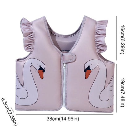 Pink children's life jacket with swan design and measurements on a white background
