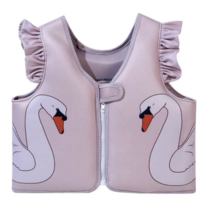 Pink children's life jacket with swan designs on a white background