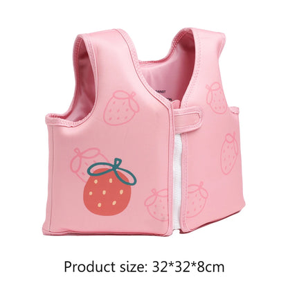 Pink children's safety vest with strawberry designs on a white background