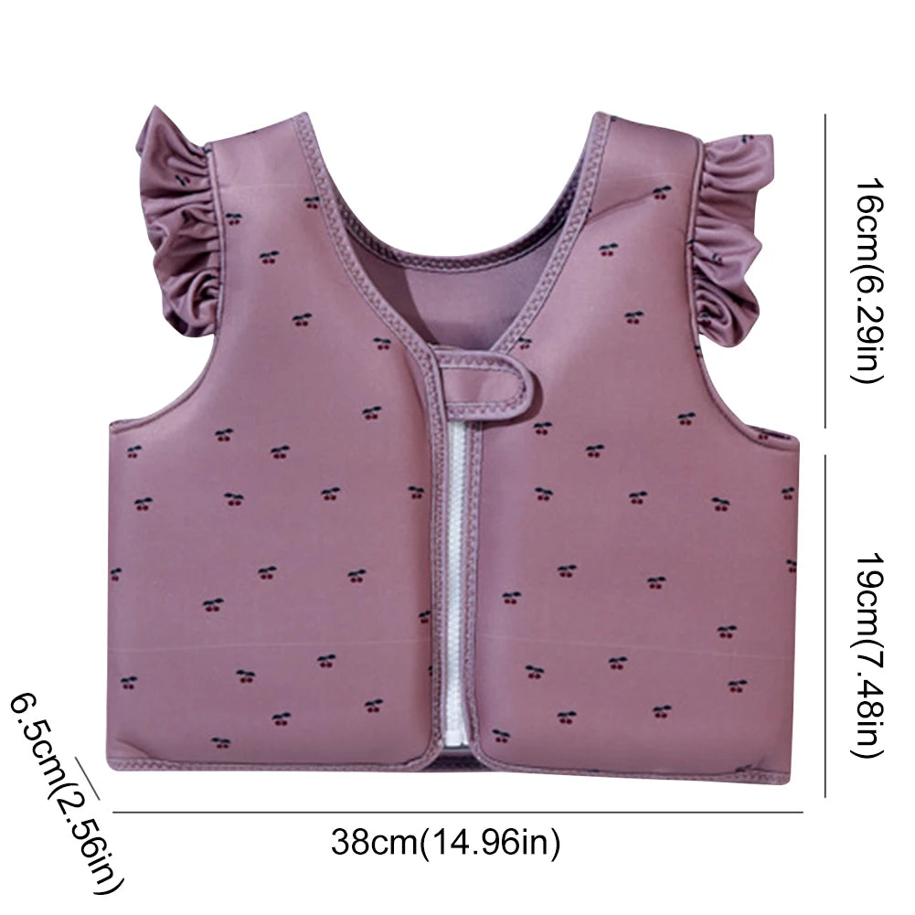 Pink children's vest with ruffled shoulders and measurements on a white background