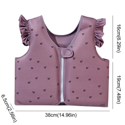 Pink children's vest with ruffled shoulders and measurements on a white background