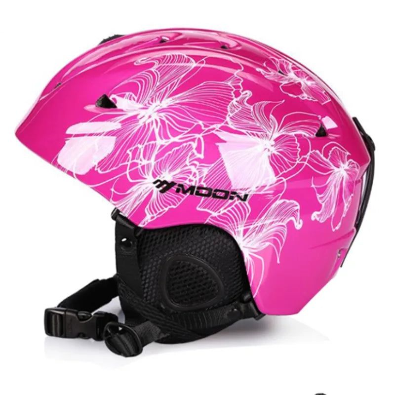 Pink helmet with butterfly design and 'MOON' branding on a white background