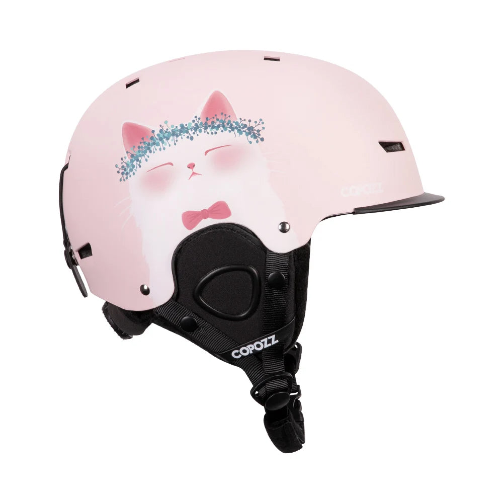 Pink helmet with cat design and 'Copia' branding on a white background
