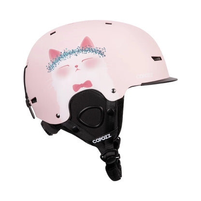 Pink helmet with cat design and 'Copia' branding on a white background
