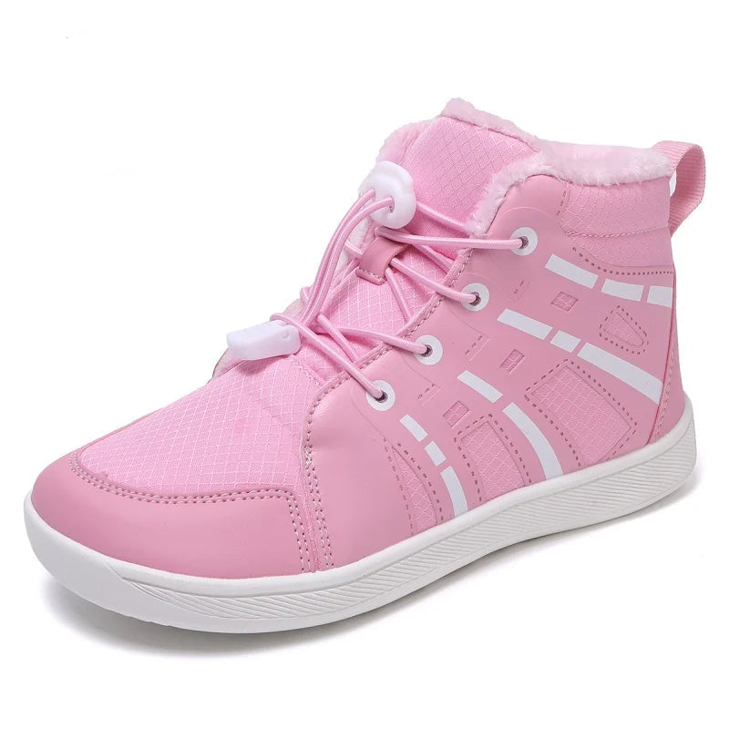 Pink high-top sneaker with white laces on a white background.