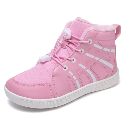 Pink high-top sneaker with white laces on a white background.