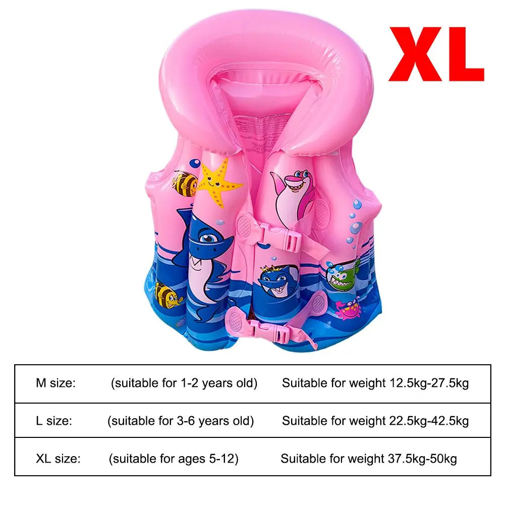 Pink inflatable life jacket with cartoon characters and size chart on a white background