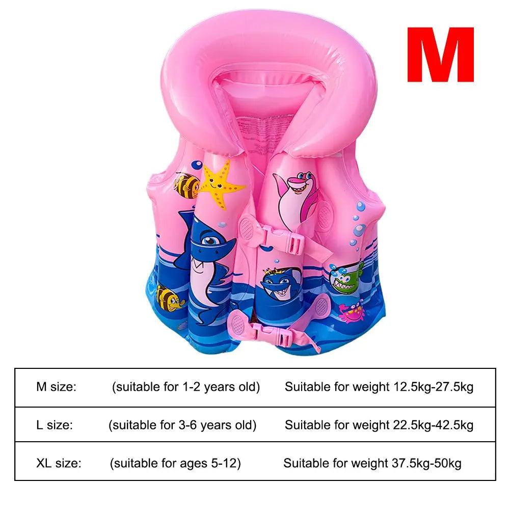 Pink inflatable life jacket with cartoon designs on a white background