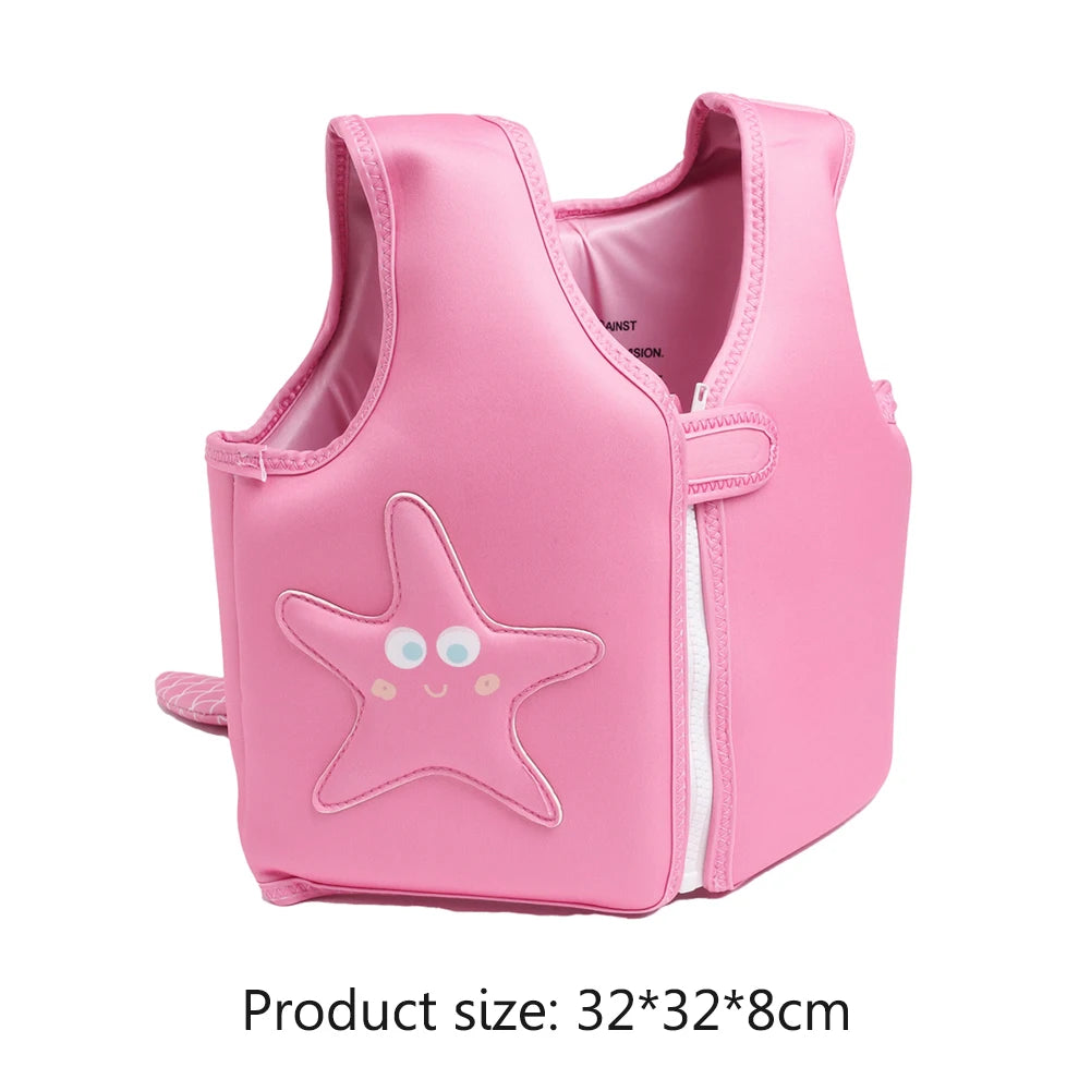Pink children's life jacket with a starfish design on a white background