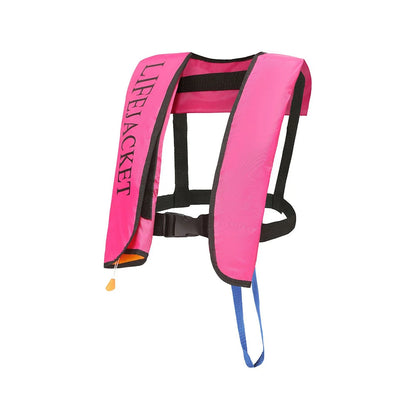 Pink life jacket with black straps on a white background