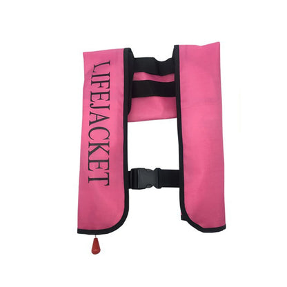 Pink life jacket with black text on a white background