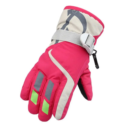 Pink ski glove with reflective elements on a white background